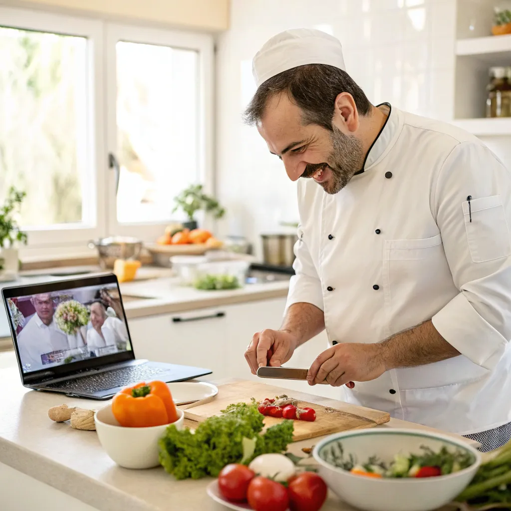 Chef teaching an online cooking class